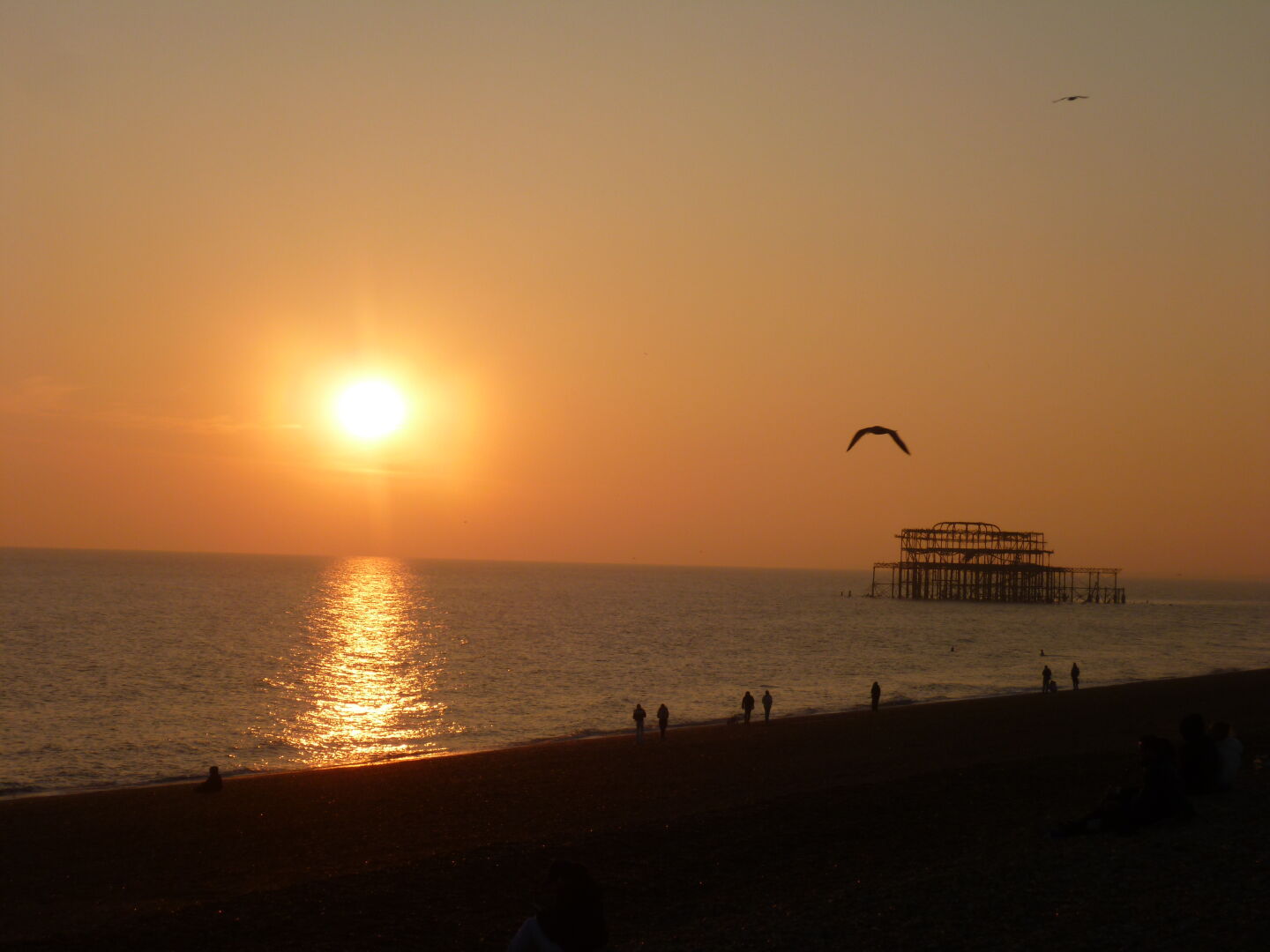 A warm orange sunset on Brighton beach, with the sun reflected in the sea and the silhouette of the ruin of the West Pier.